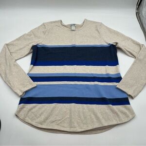 Women’s Duluth Trading tan‎ and blue sweater SZ L. Pit to pit 21 length 29